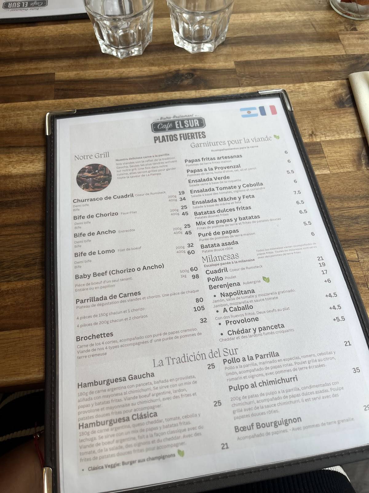 Menu de Café El Sur