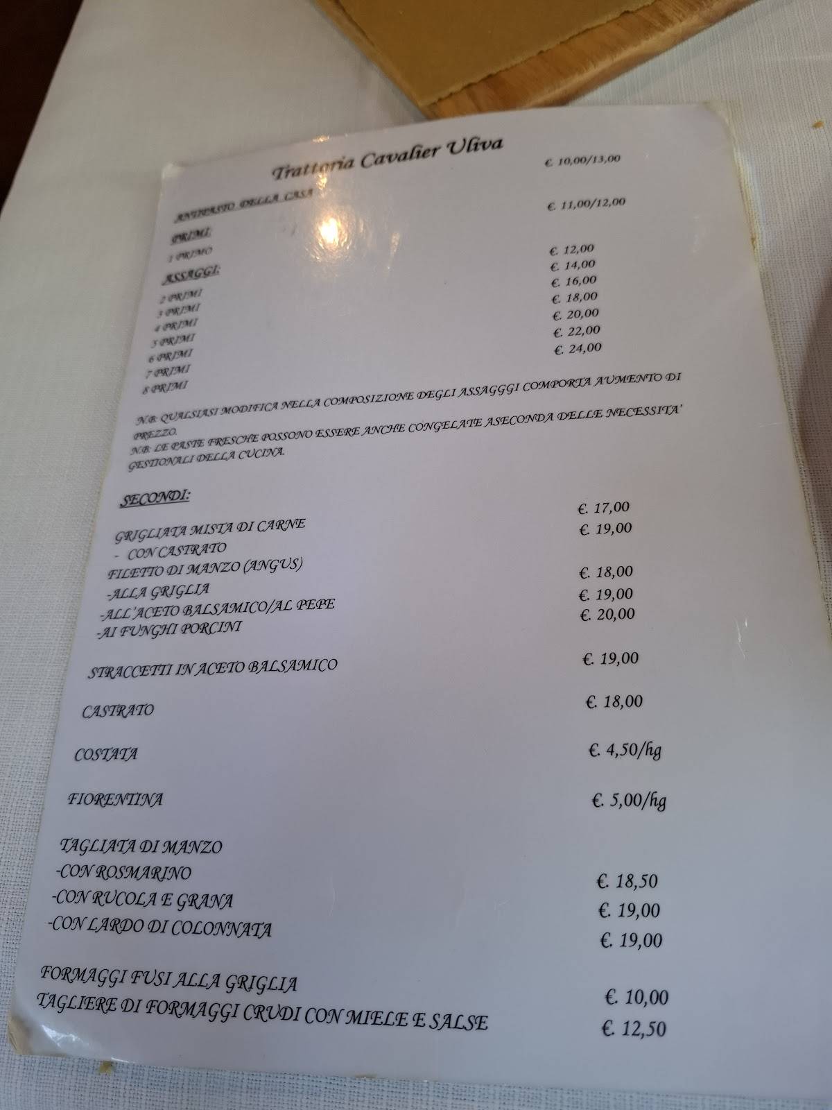 Menu di Cavalier Uliva 