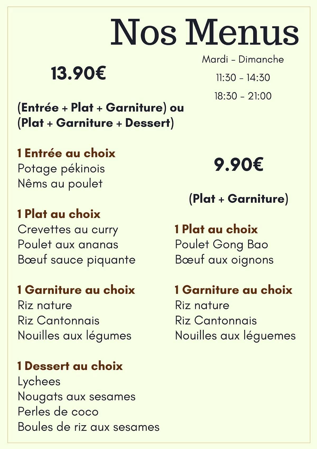 Menu de Restaurant Chen