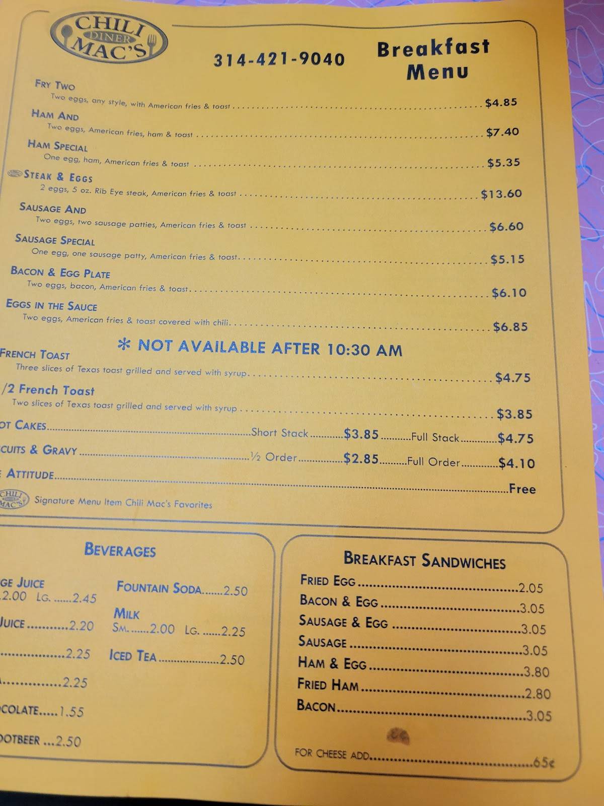 Menu at Chili Mac's Diner restaurant, St. Louis, 510 Pine St