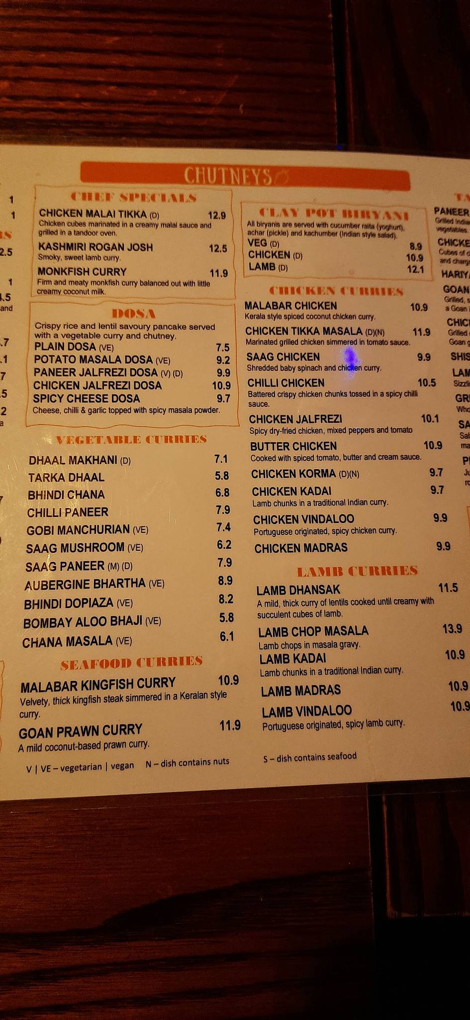 Menu at Chutneys restaurant, London, 124 Drummond St