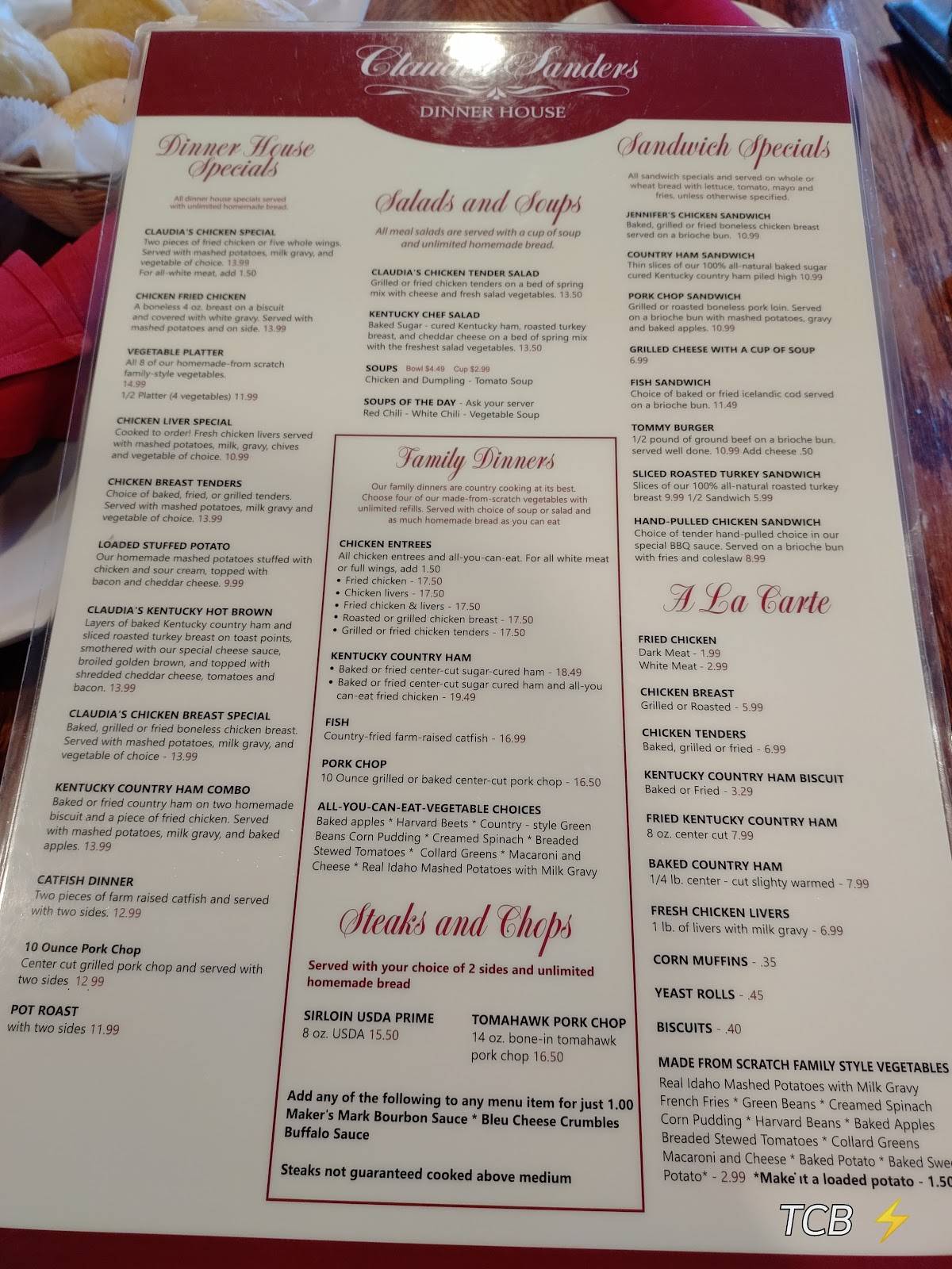Menu at Claudia Sanders Dinner House restaurant, Shelbyville