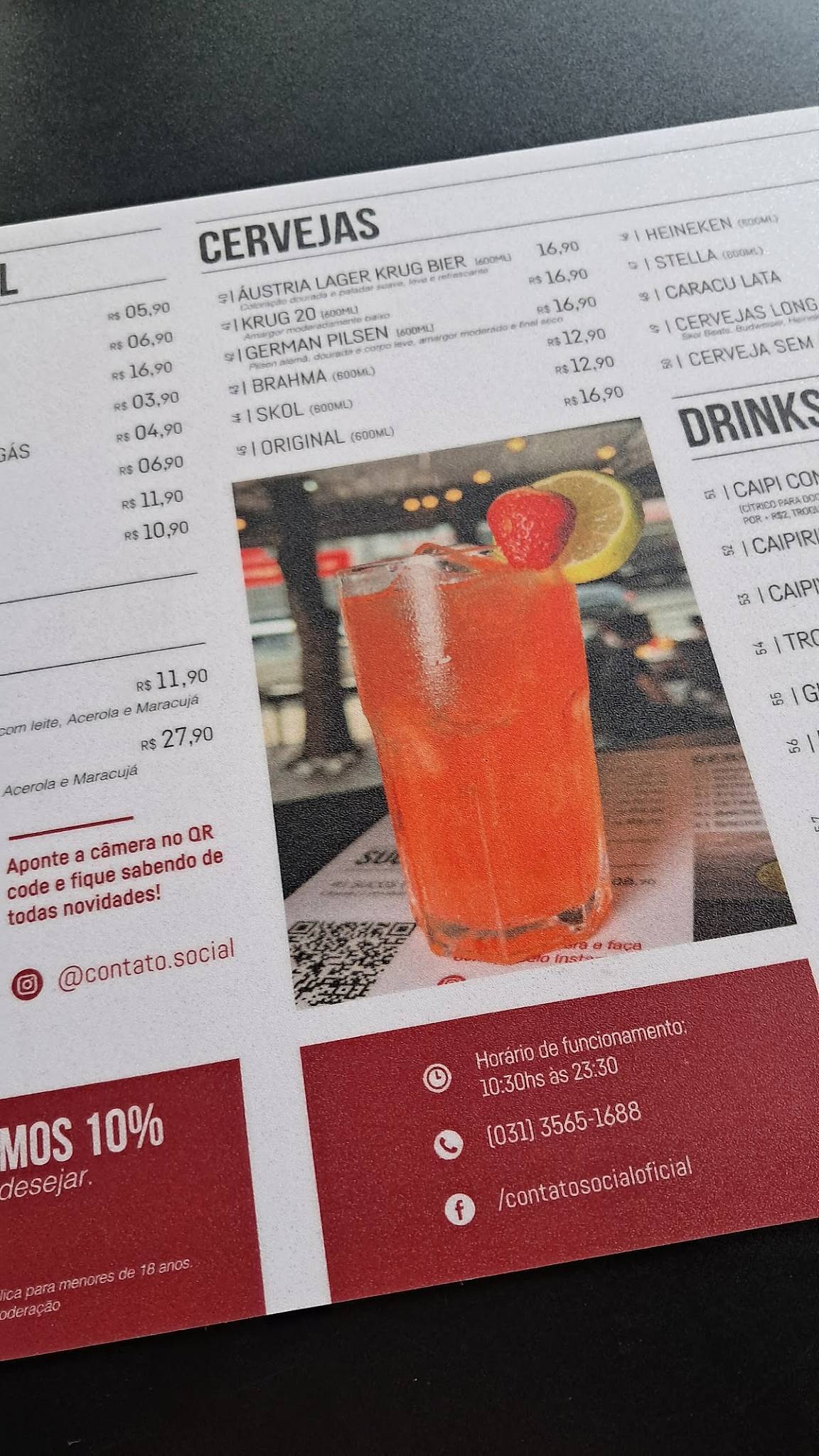 Contato Social Restaurante & Bar - Comida Mineira, Caldos, Drinks e Petiscos cardápio