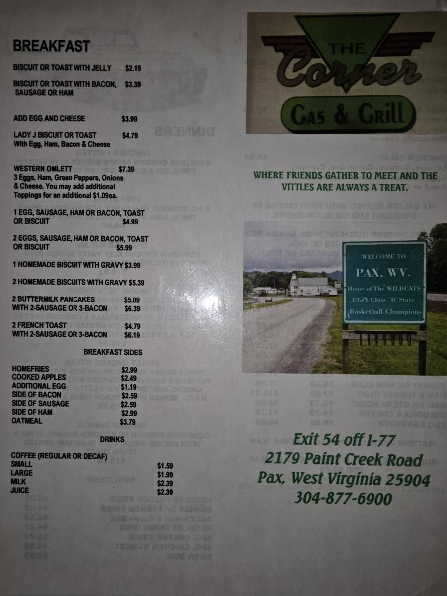 Menu at Corner Gas and Grill restaurant, Pax