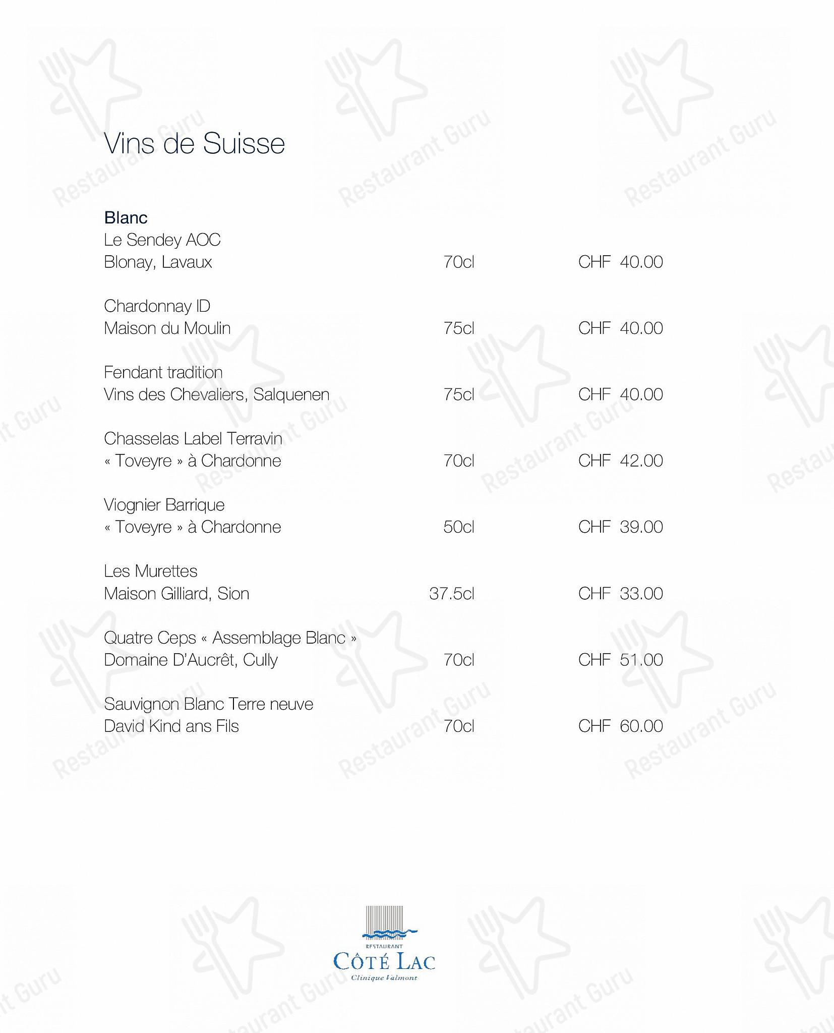 Menu di Restaurant Côté Lac - Menu