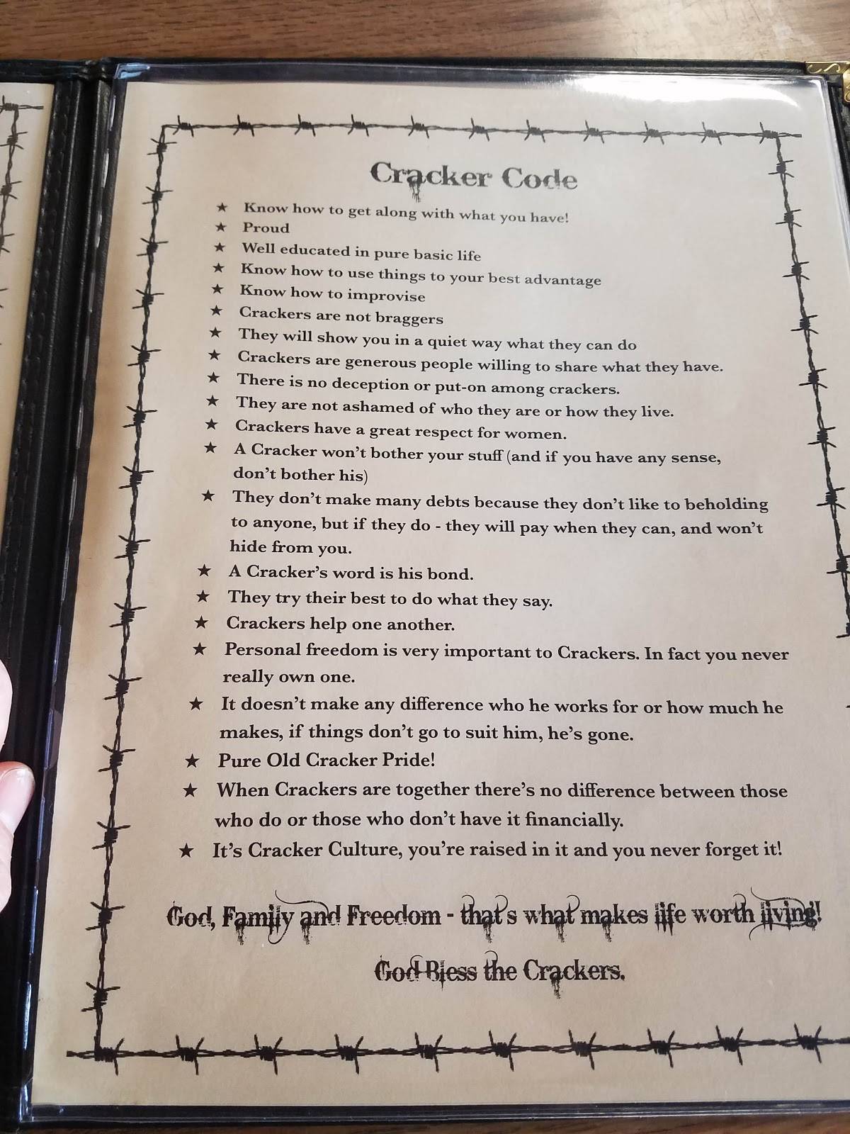 Menu at Cracker's Cafe, Indiantown