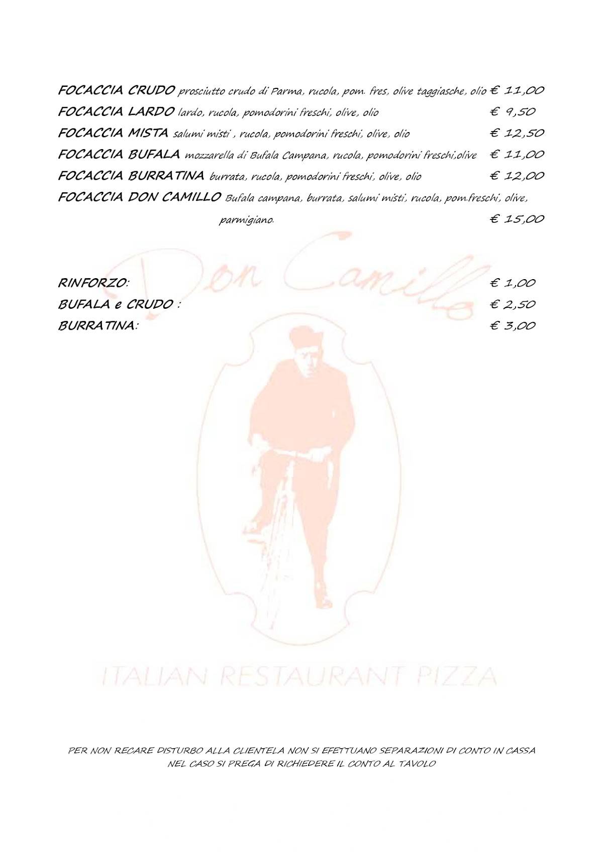 Menu di Don Camillo Italian Restaurant Pizza 