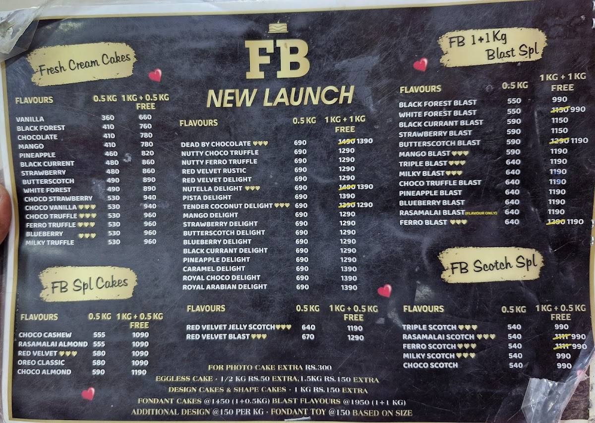 FB Cakes Pallavaram menu