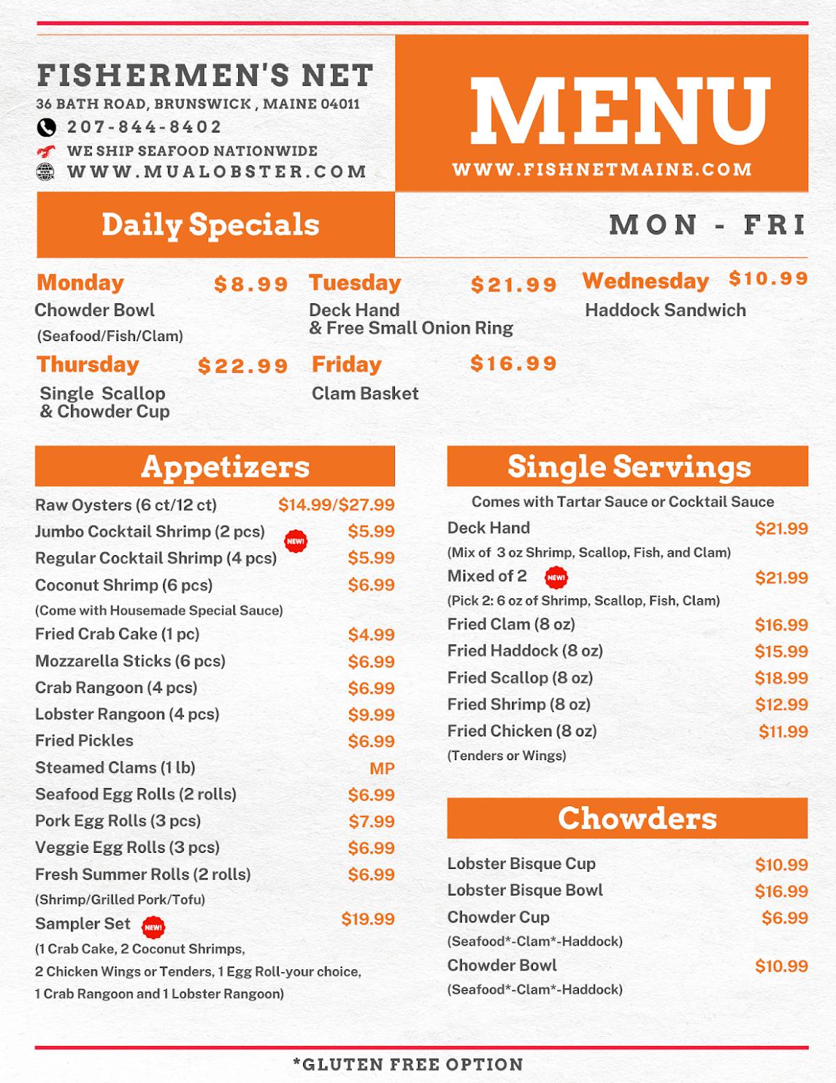 Menu at Fishermen's Net Seafood Restaurant & Market, Brunswick