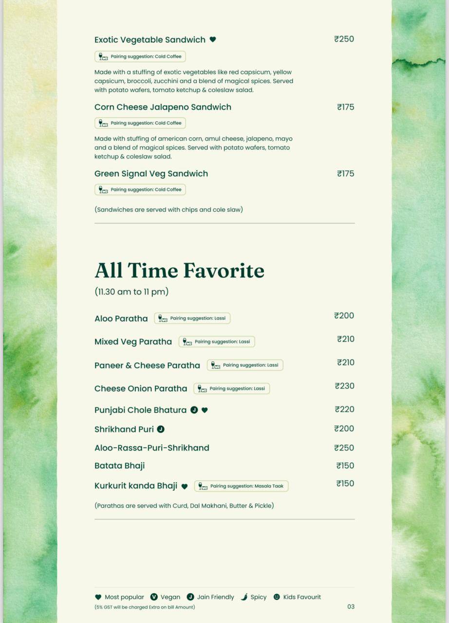 Green Signal Veg menu