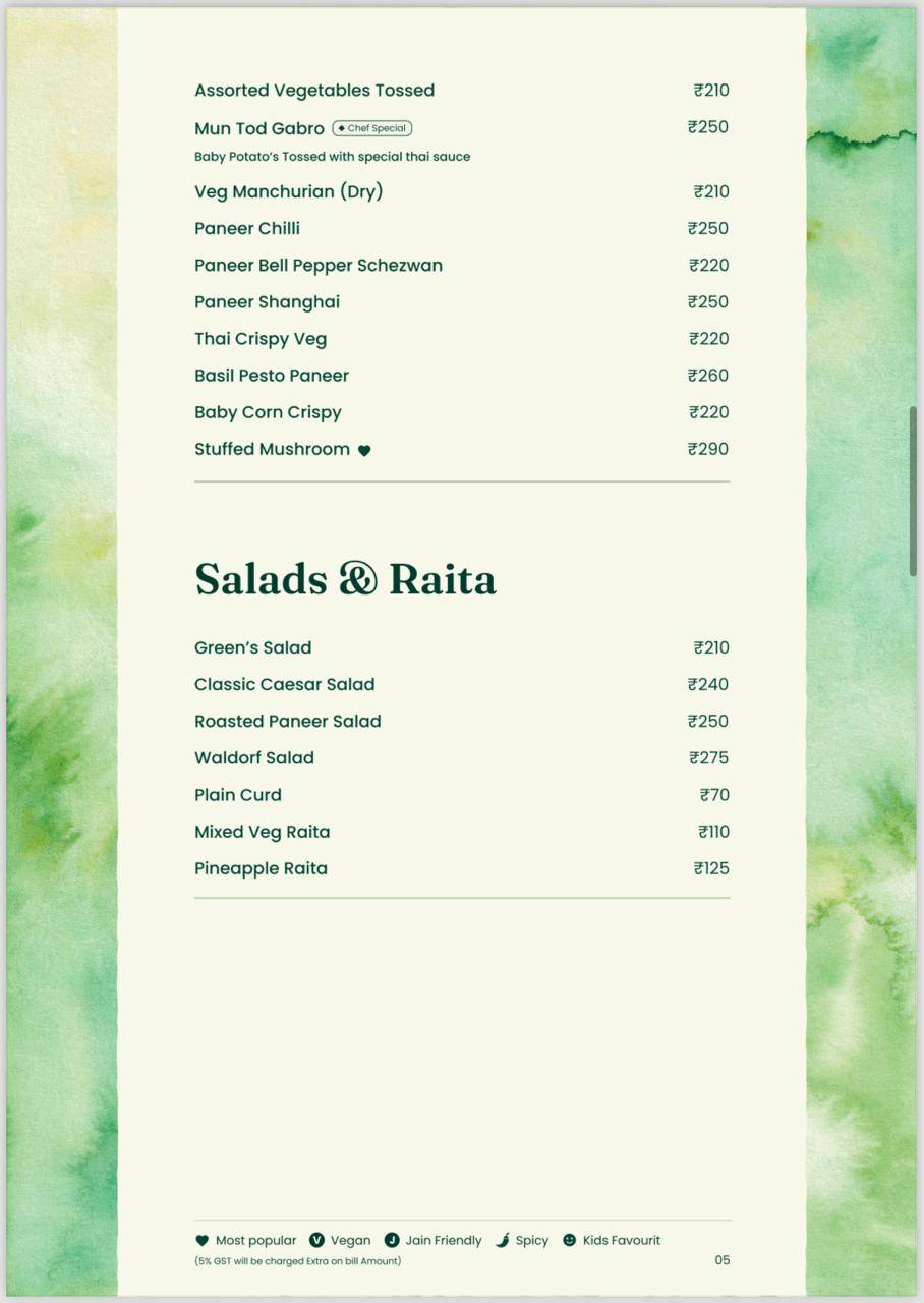 Green Signal Veg menu