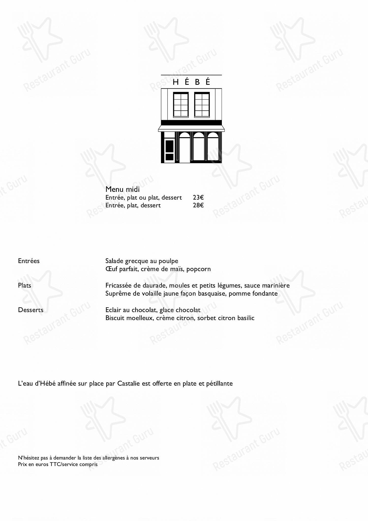 Dessert Menu pour HEBE restaurant - Paris restaurant