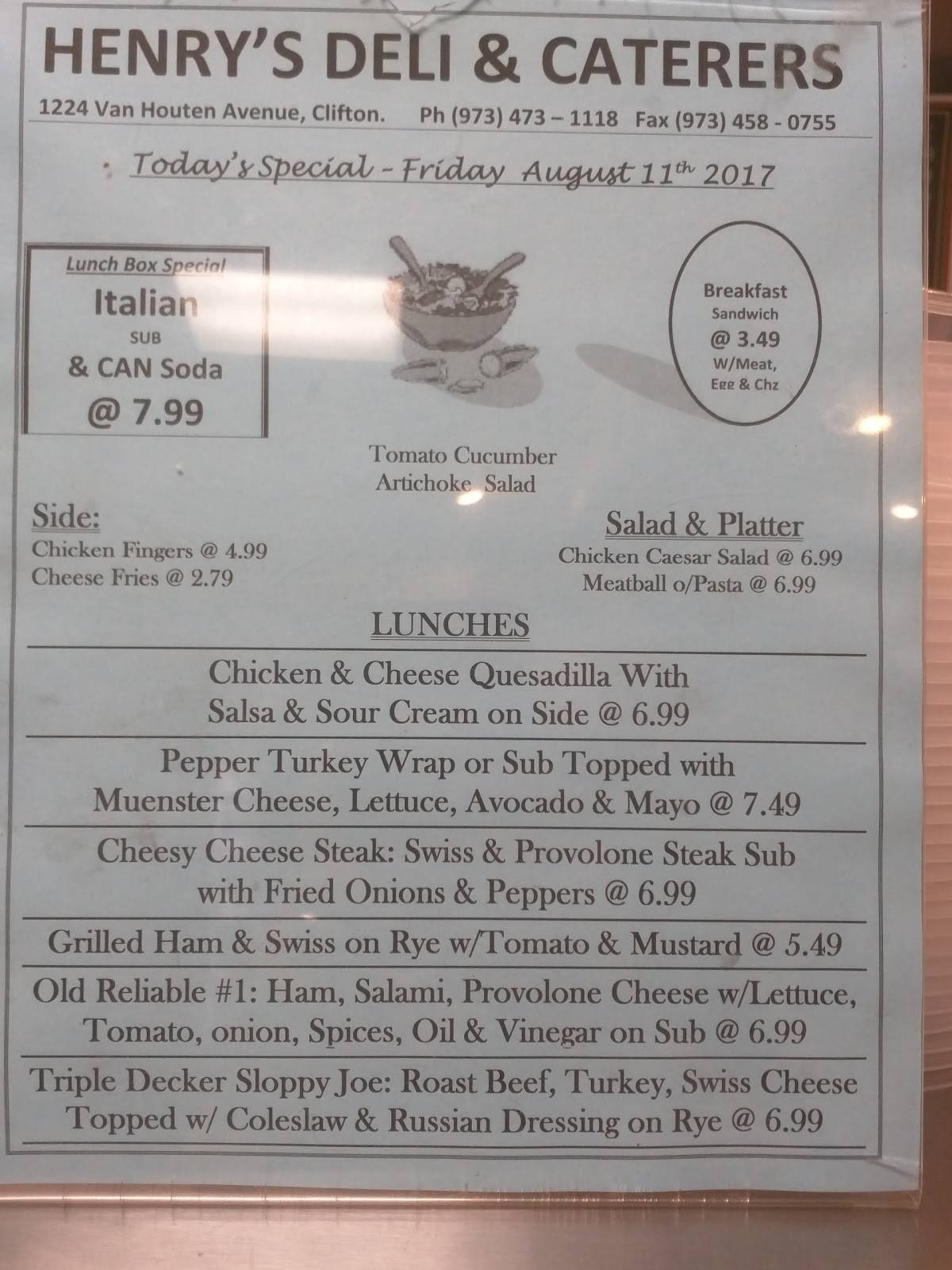 Menu at Henrys Delicatessen & Catering restaurant, Clifton