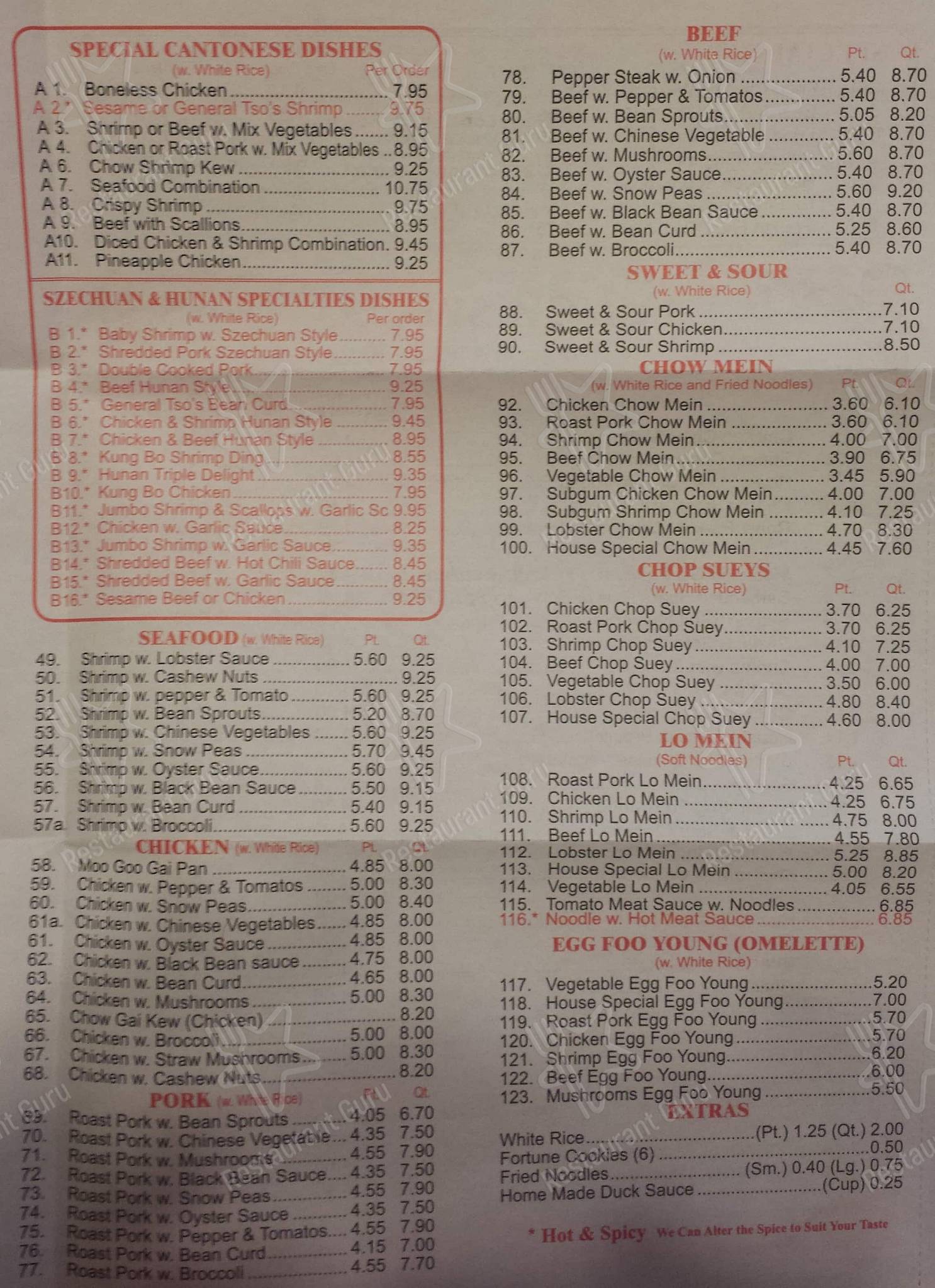 Menu at Hong Kong Kitchen restaurant, Southington