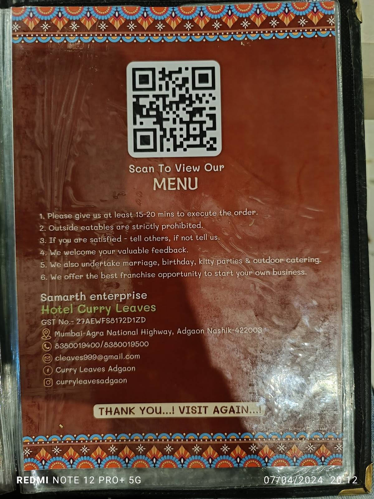 Hotel Curry leaves Pure veg Adgaon menu