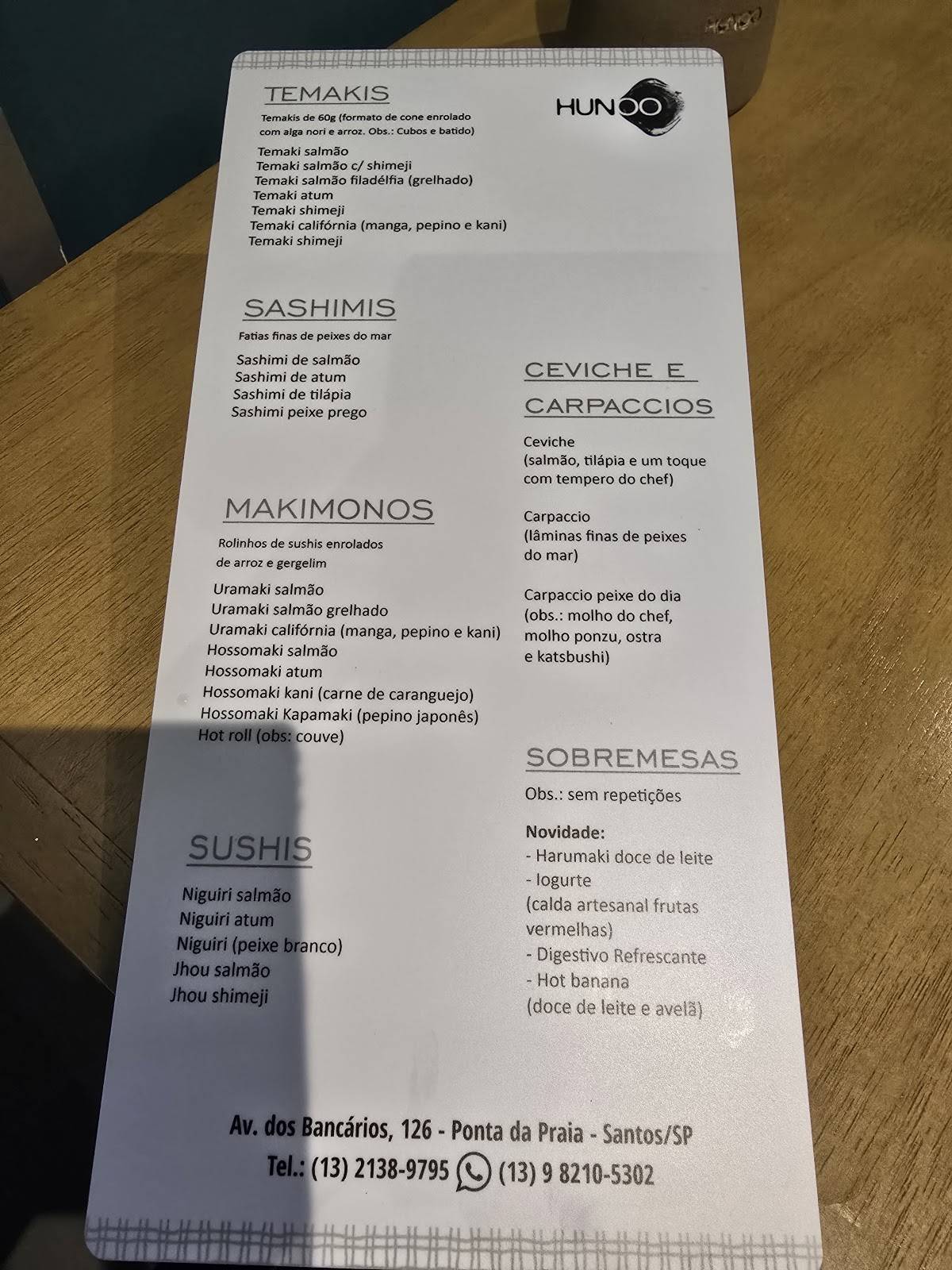 Hunoo Santos cardápio