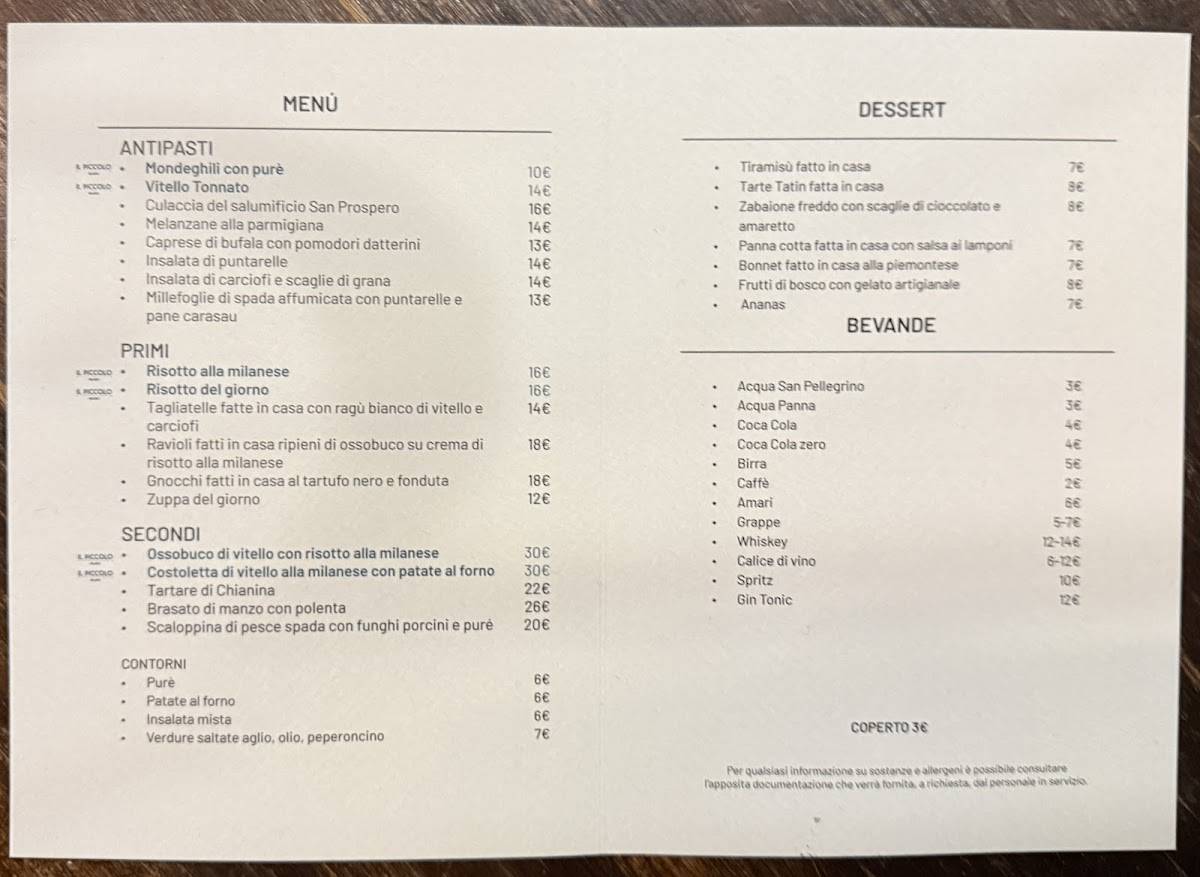Menu di Il Piccolo - Milano 