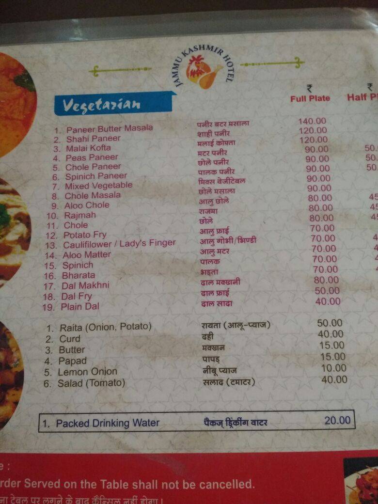 Jammu Kashmir Hotel menu