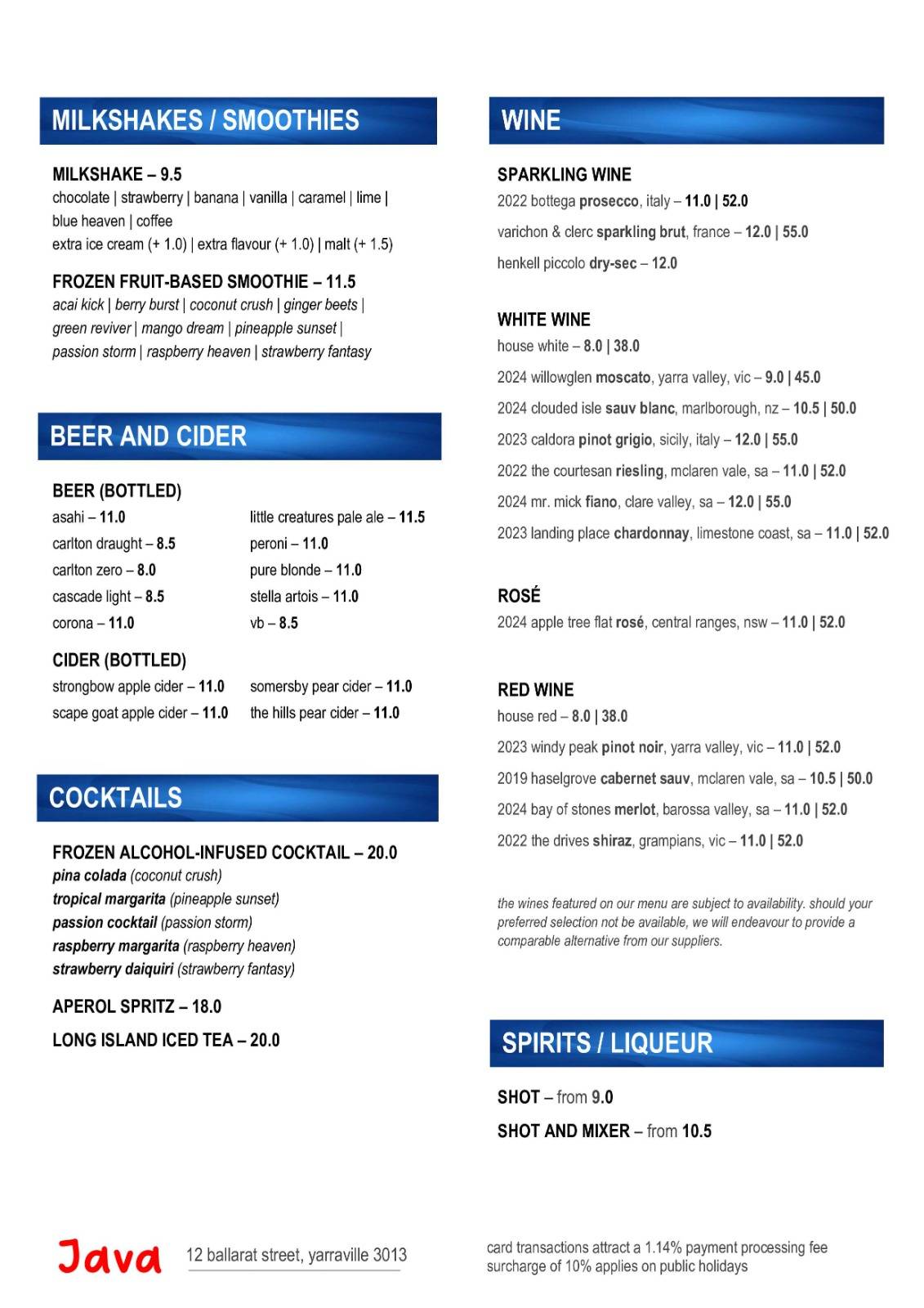 Menu at Java Cafe, Yarraville