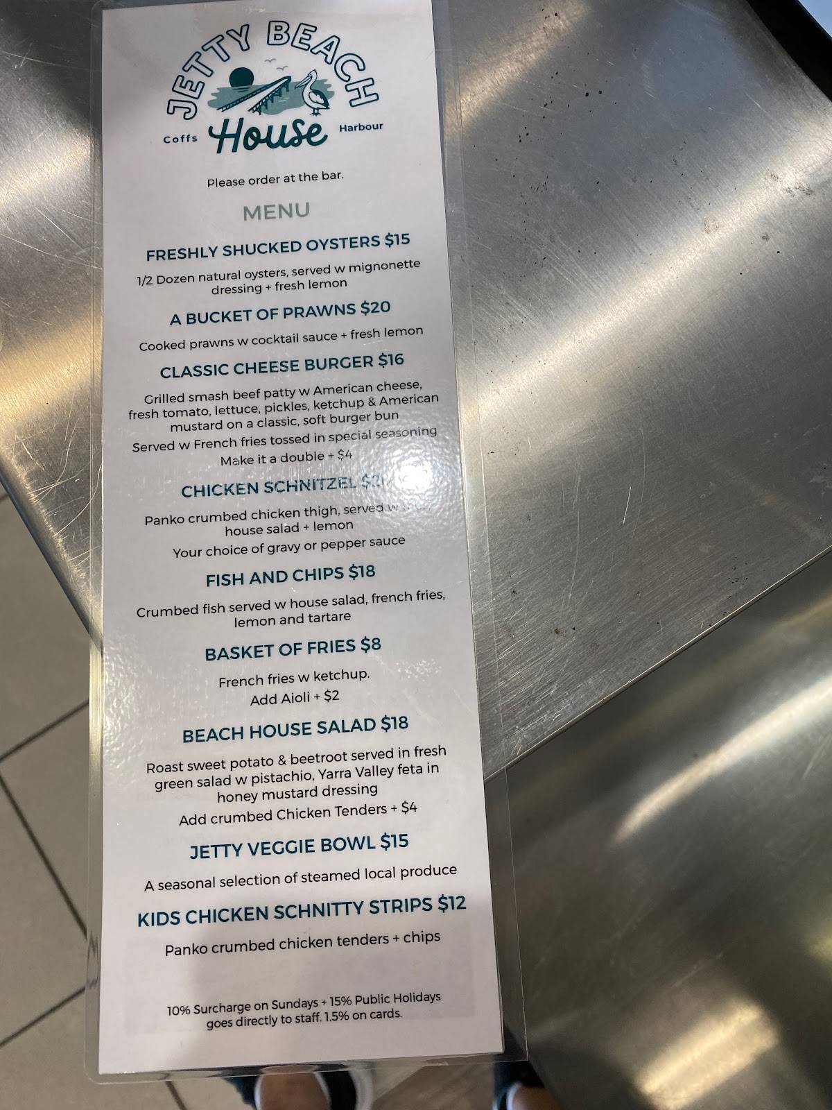 Menu at Jetty Beach House restaurant, Coffs Harbour