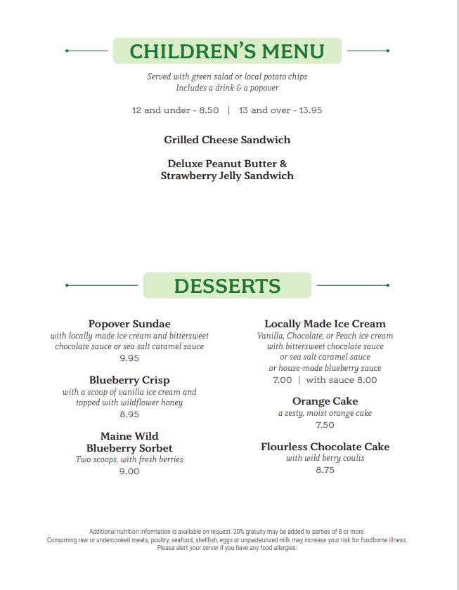 Menu at Jordan Pond House Restaurant, Mount Desert, Park Loop Rd