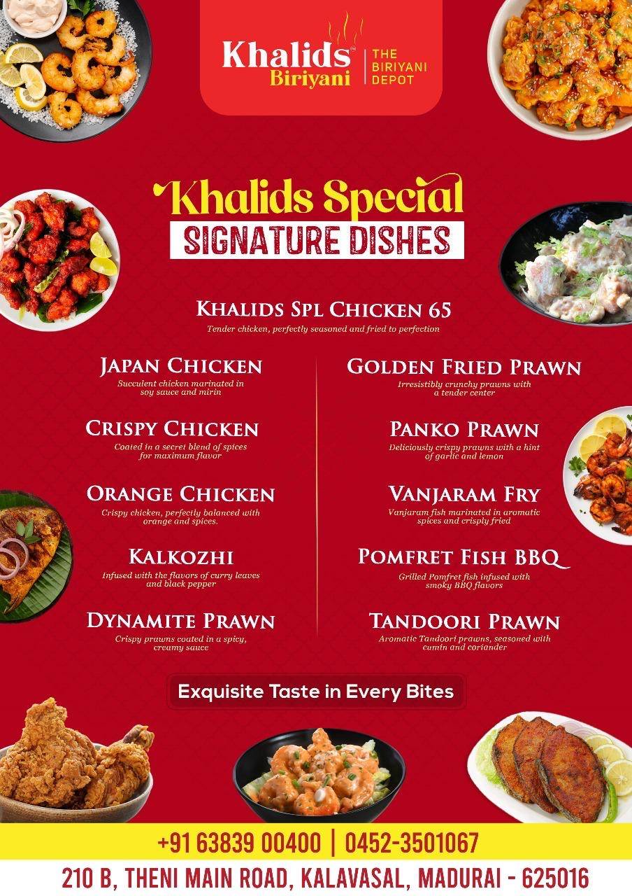 KHALIDS BIRIYANI BEST BIRIYANI RESTAURANT IN MADURAI 218, Theni Main Rd, Kalavasal, Madurai, Tamil Nadu 625016 menu