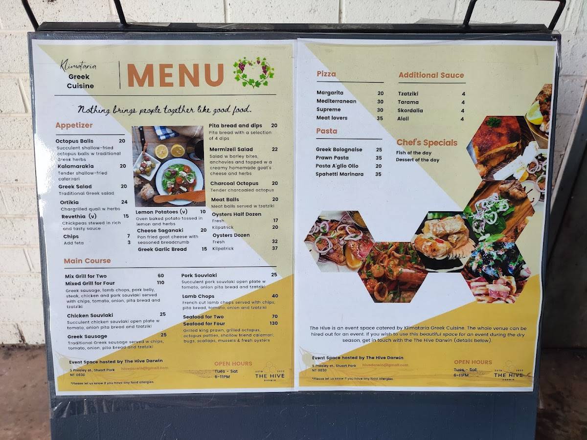 Menu at Klimataria Greek Restaurant (Roof Top), Stuart Park