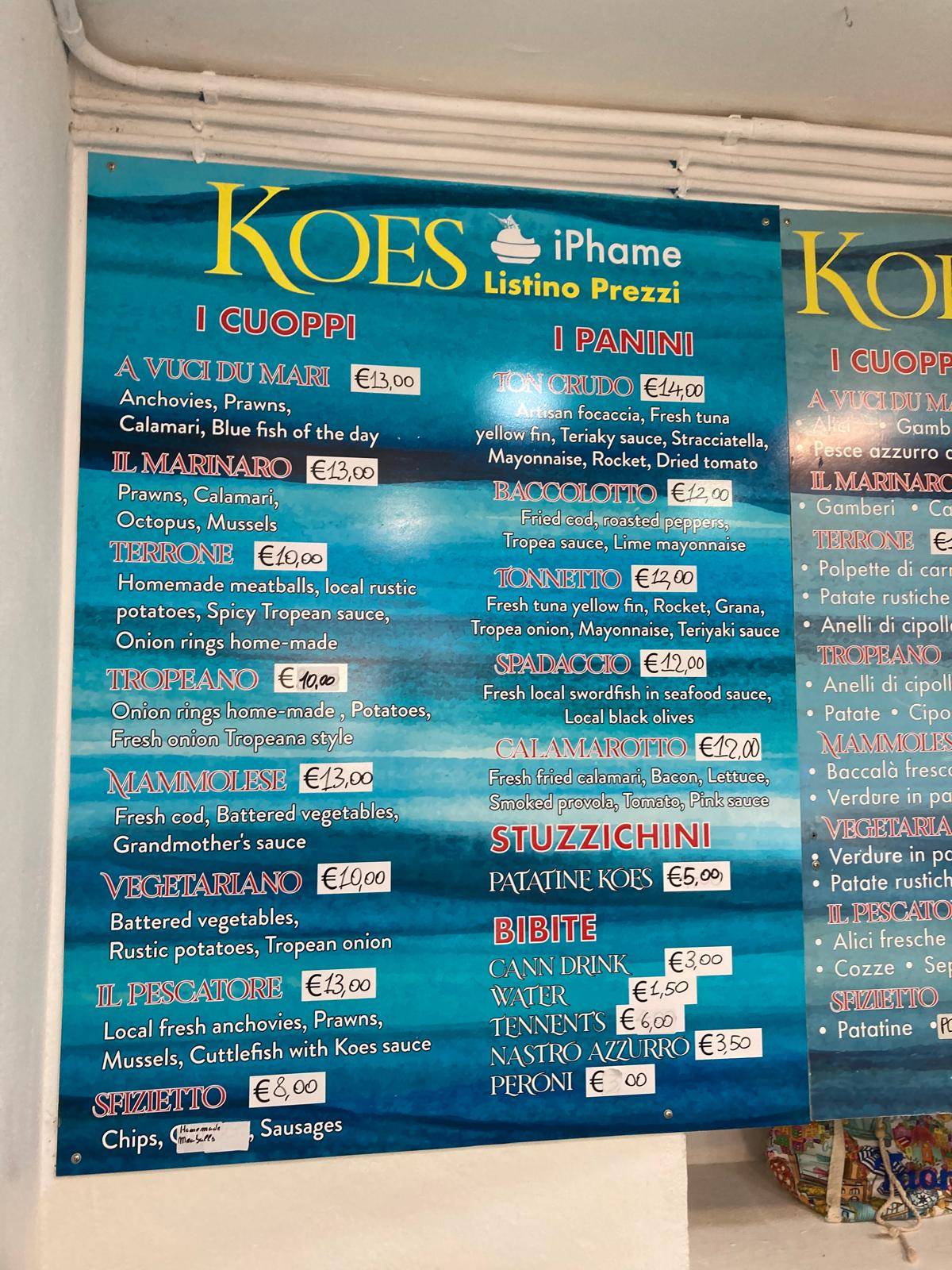 Menu di Koes I Cuoppi - Friji e mbucca 