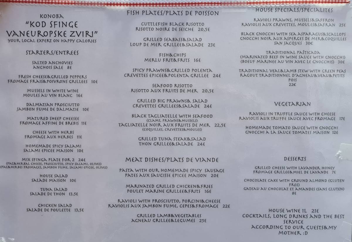 Menu di Konoba "Kod sfinge vaneuropske zviri" 
