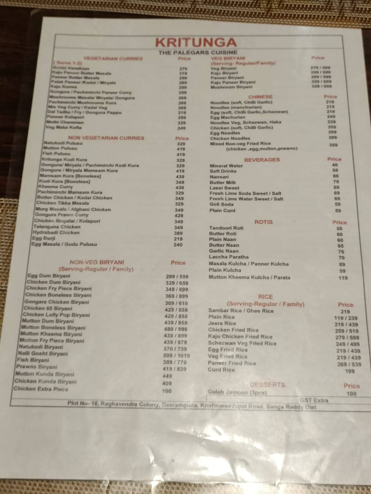 Kritunga - The Palegar's Cuisine menu