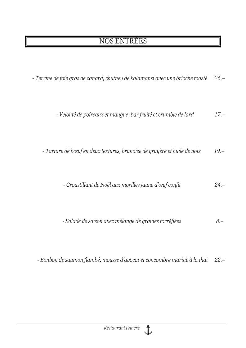 Menu di Restaurant L'Ancre 
