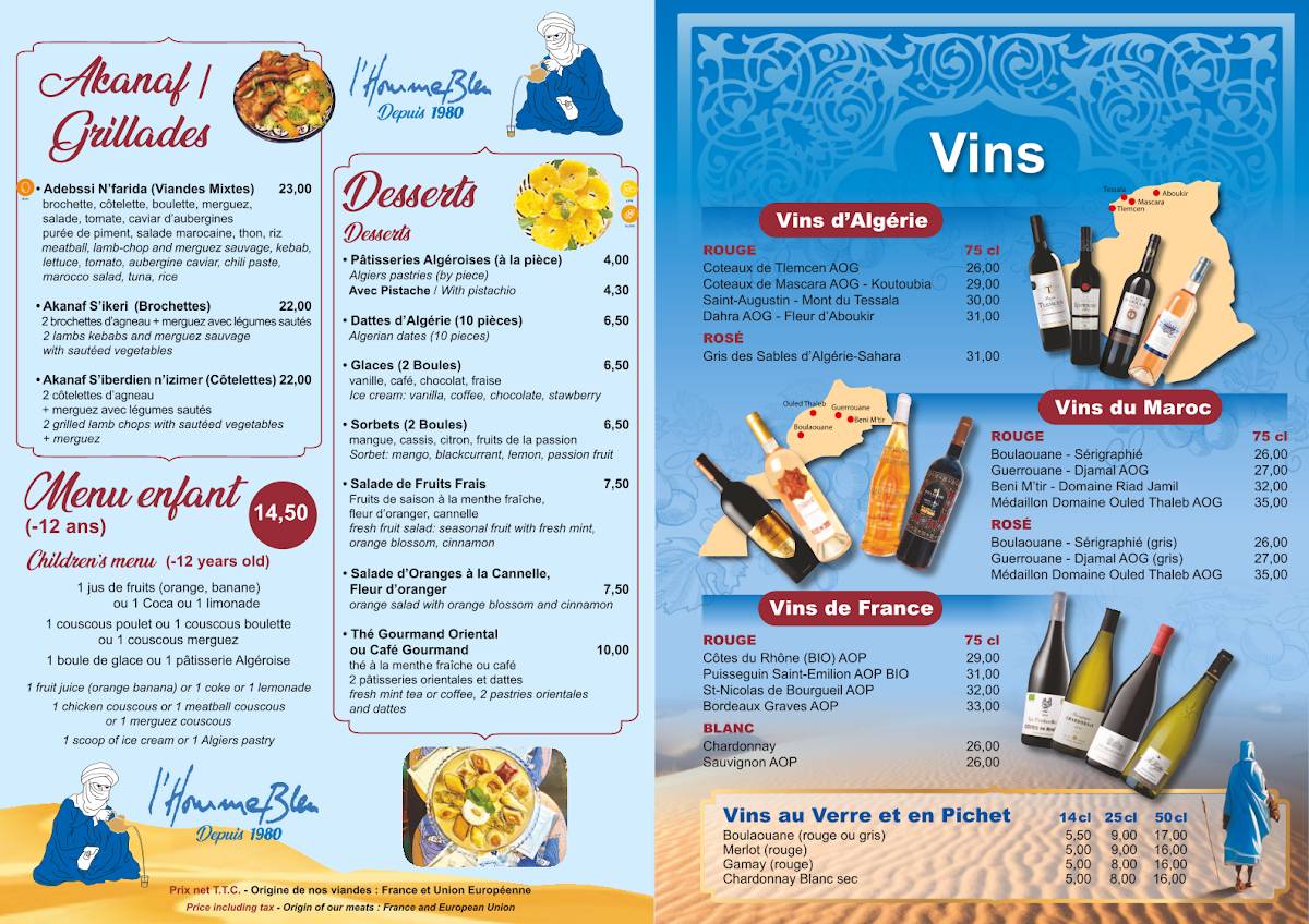 Menu de L'Homme Bleu