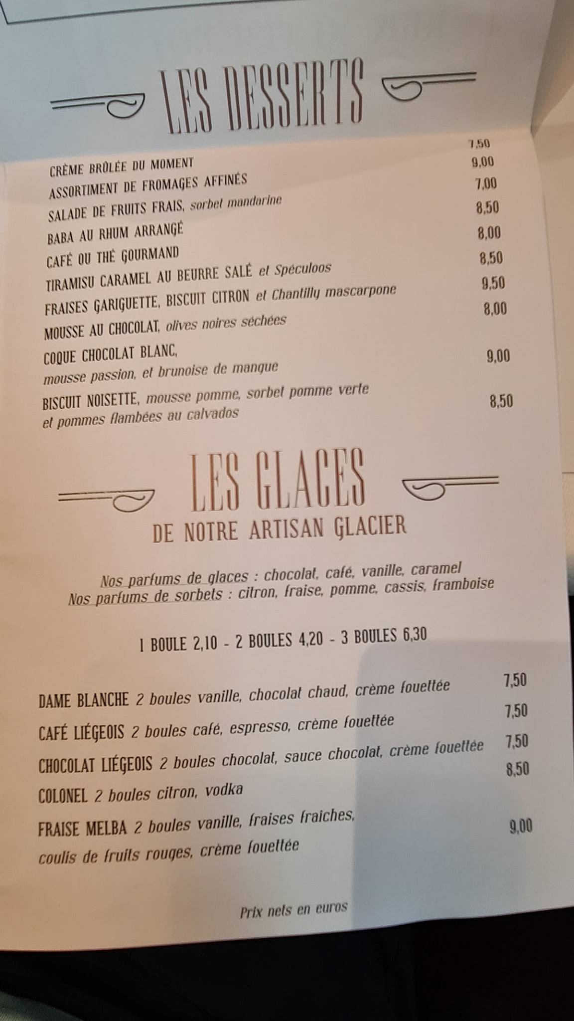 Menu de La Parisienne