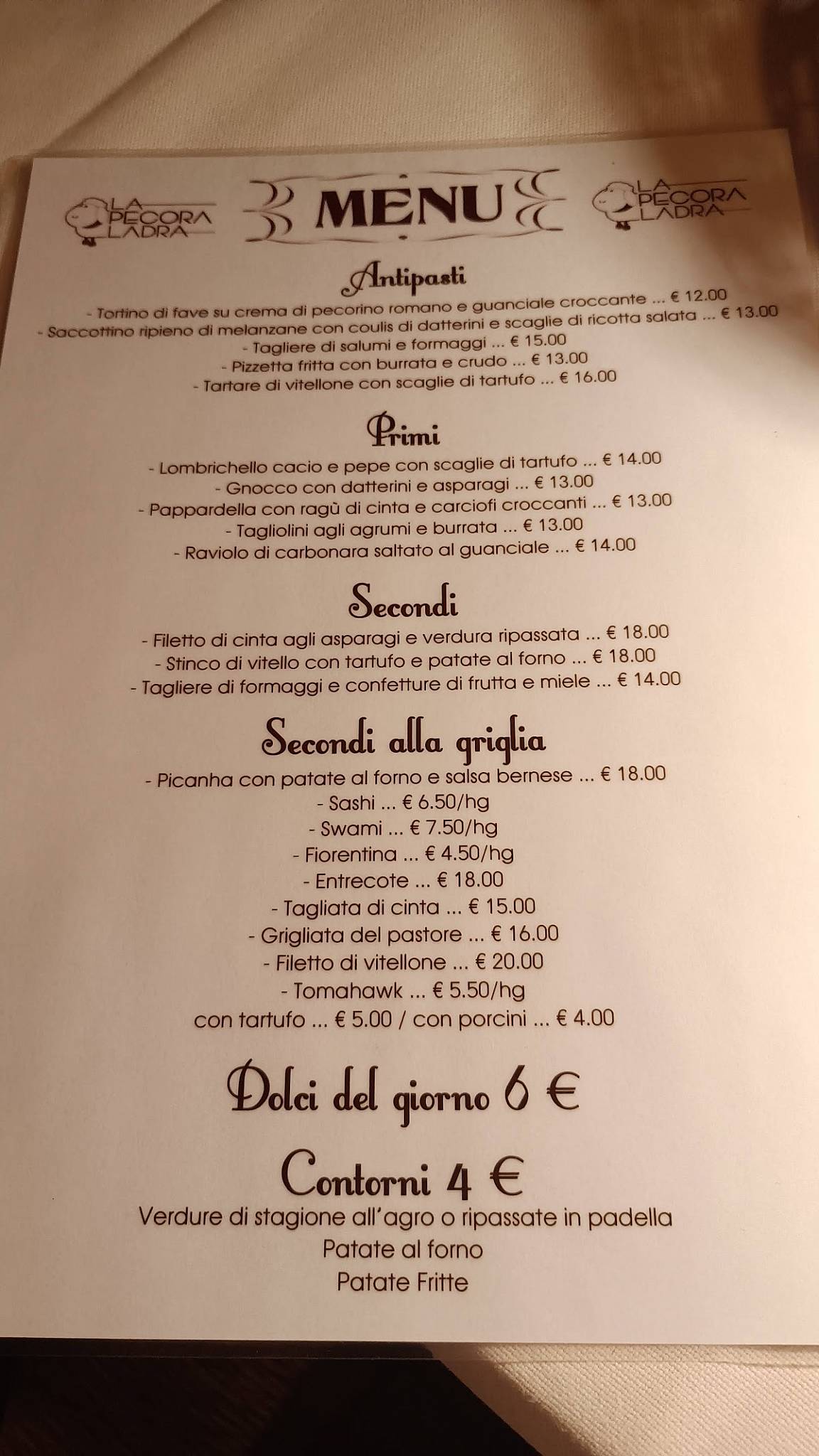 Menu au La Pecora Ladra restaurant, Vasanello, Via Corte