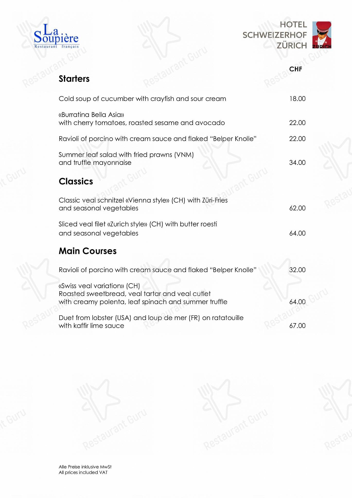 Takeaway Menu per Restaurant La Soupière in Zurigo