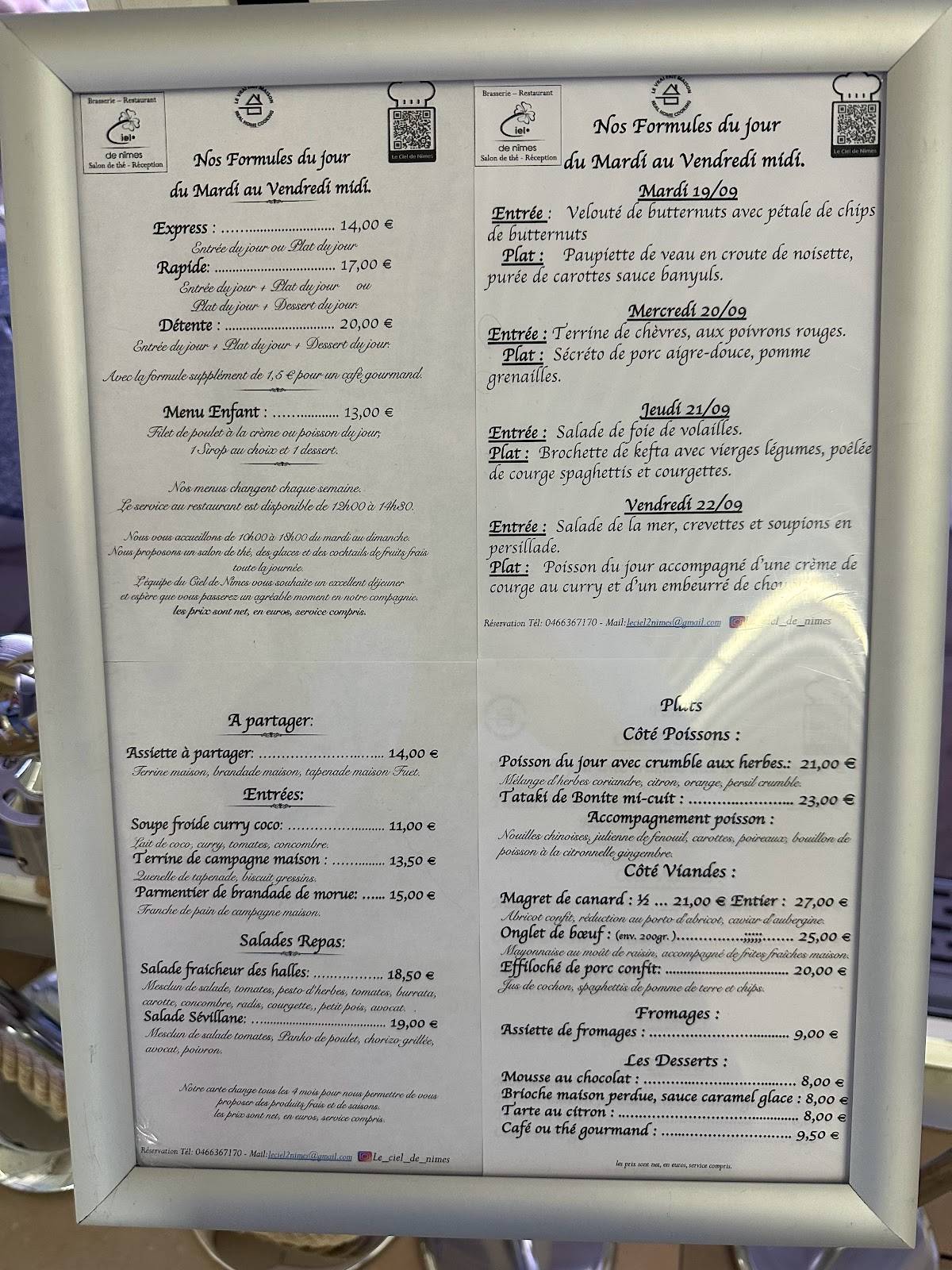 Menu de Le Ciel de Nîmes