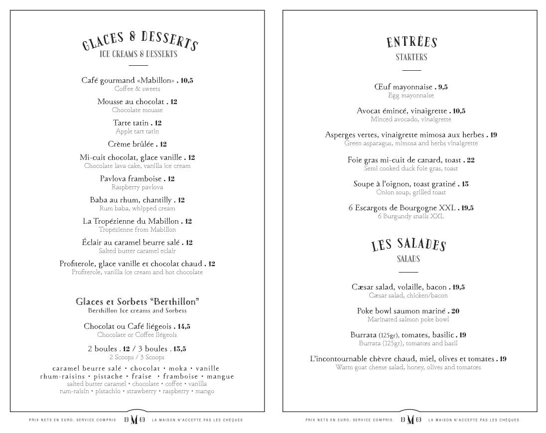 Menu de Le Mabillon - Paris