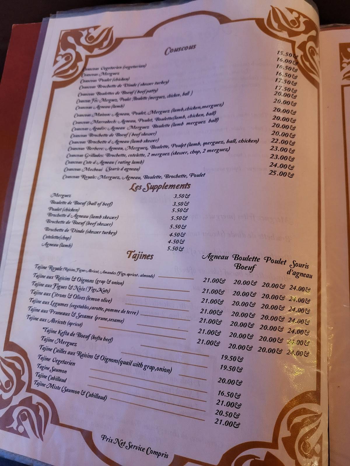 Menu de Le Marrakech