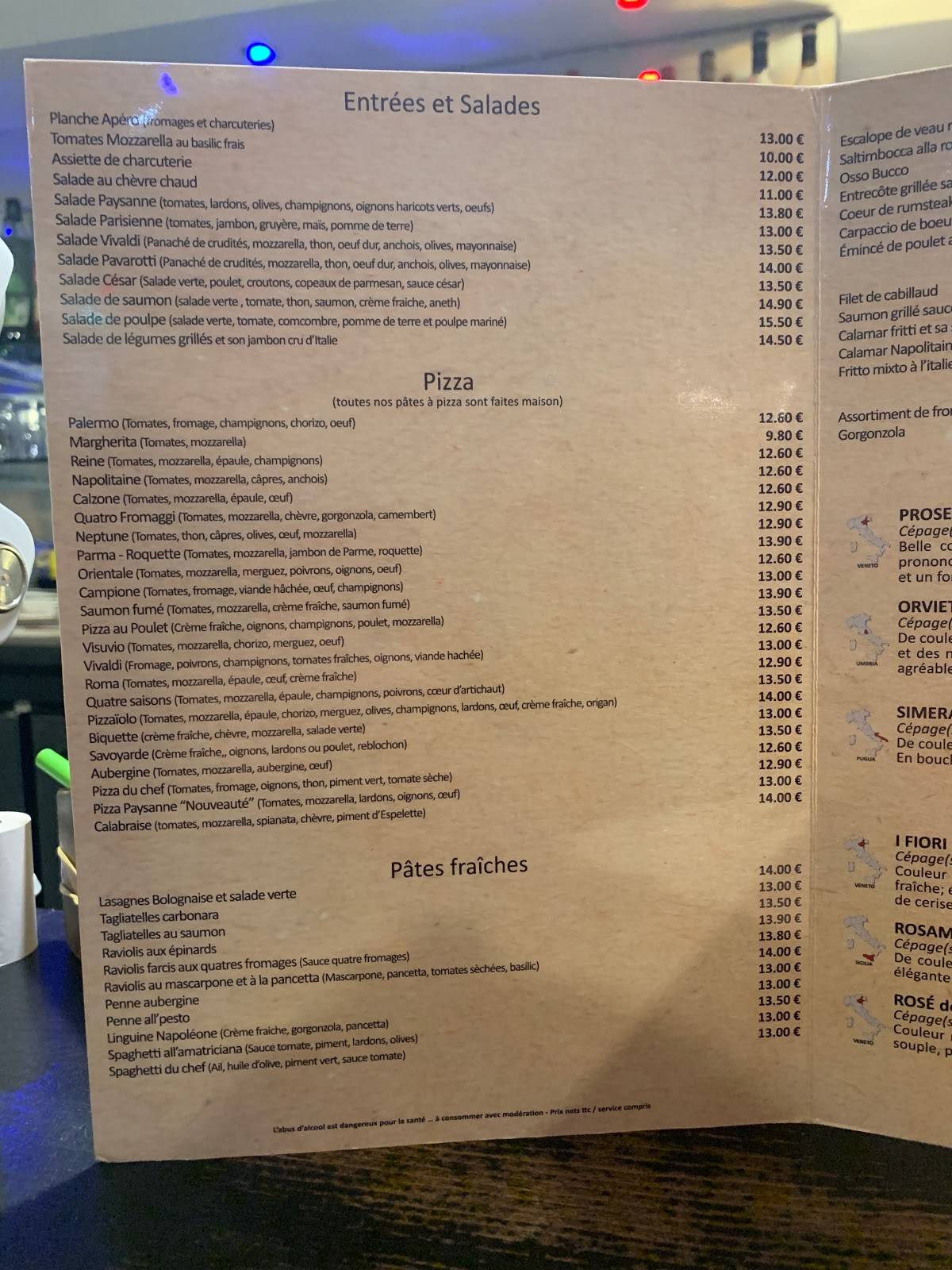 Menu de Le Vivaldi