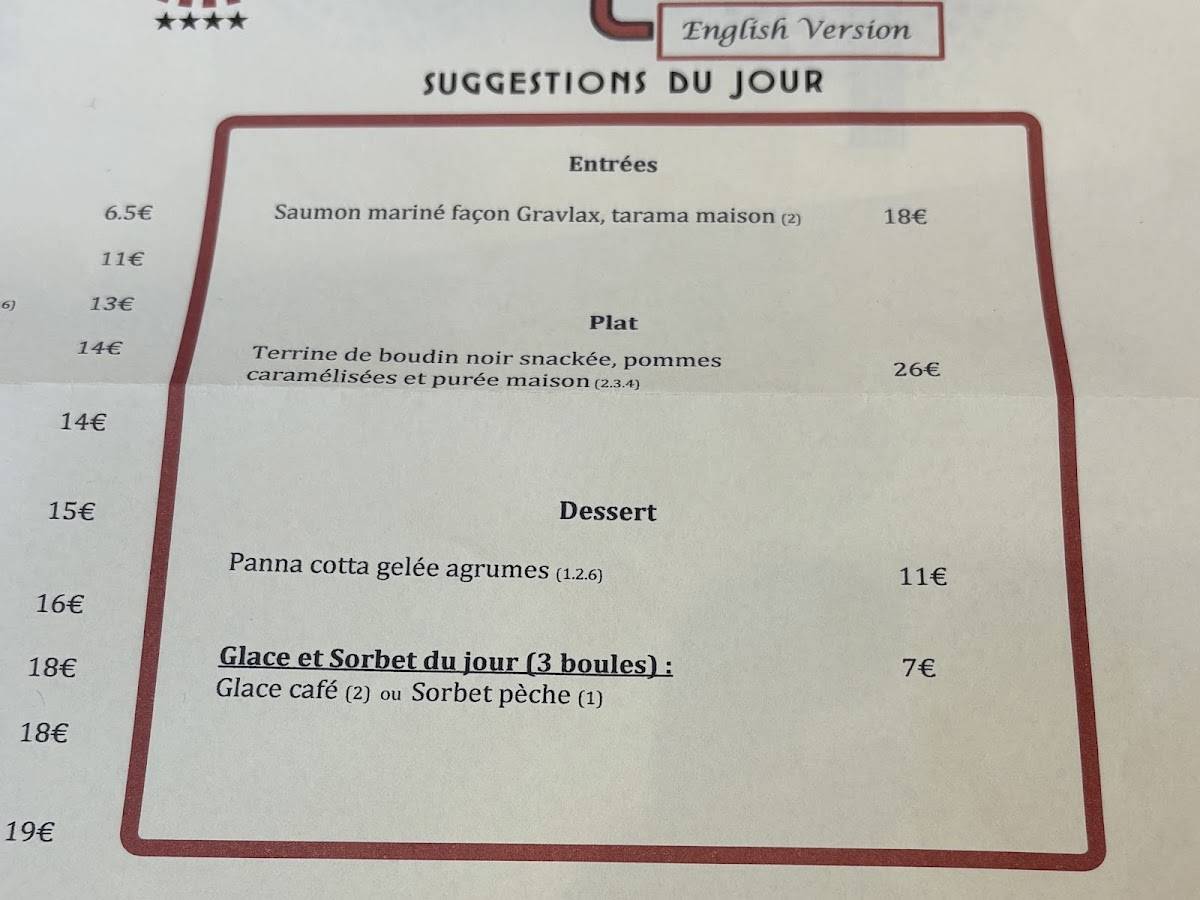 Menu de Le comptoir du Relais