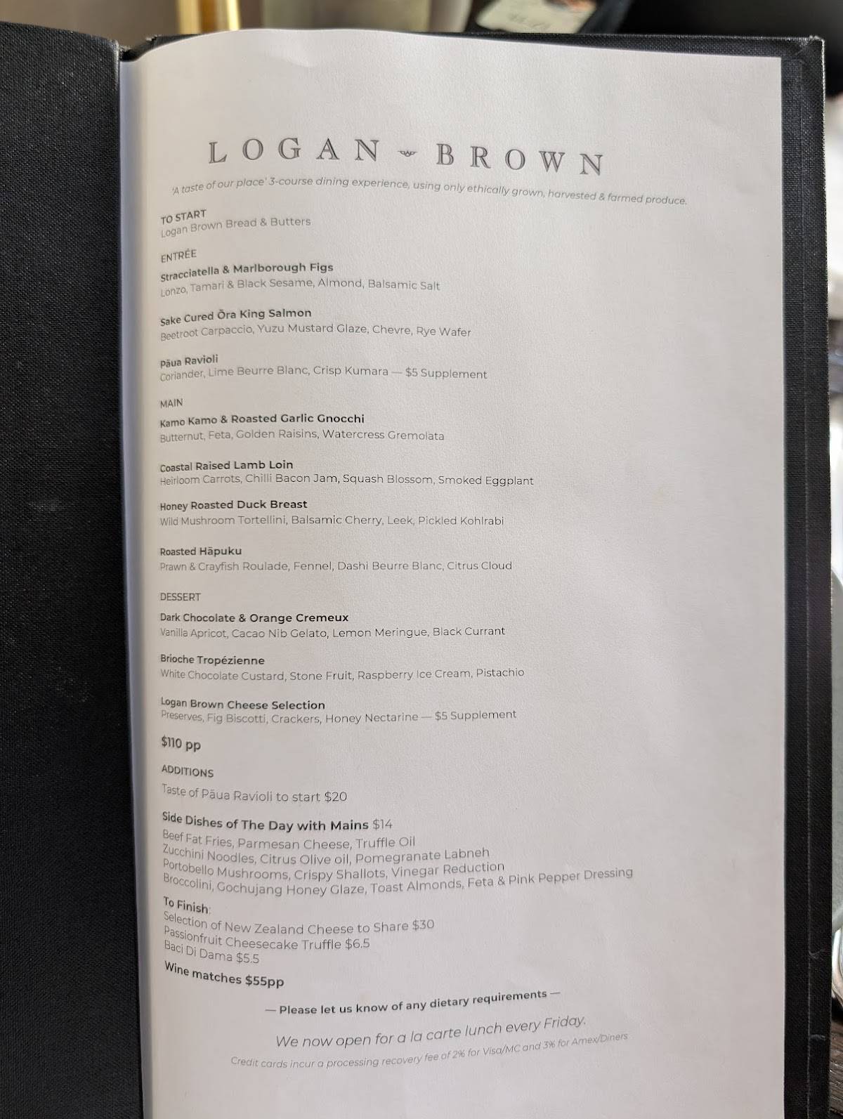 Menu at Logan Brown Restaurant and Bar, Wellington