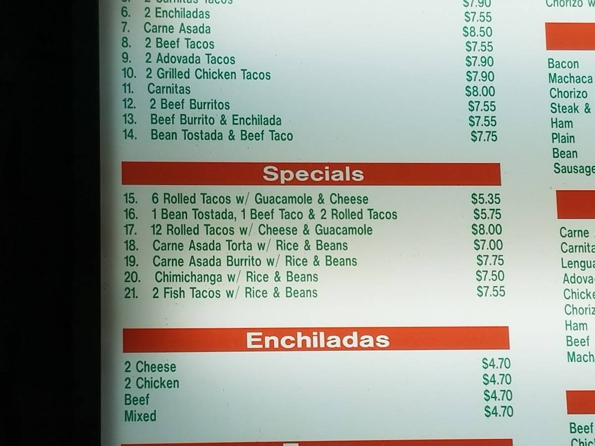 Menu at Lucy's Tacos restaurant, La Junta