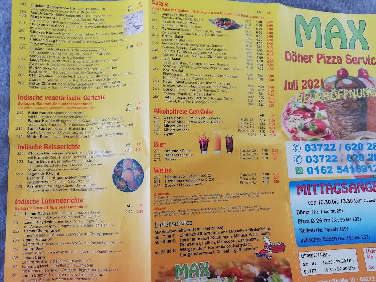 Speisekarte von Max Döner Pizza Service, Limbach-Oberfrohna
