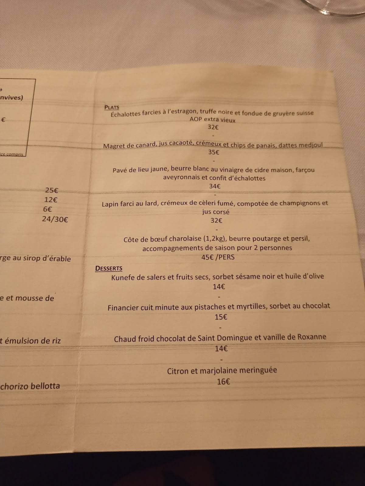 Menu de Milord