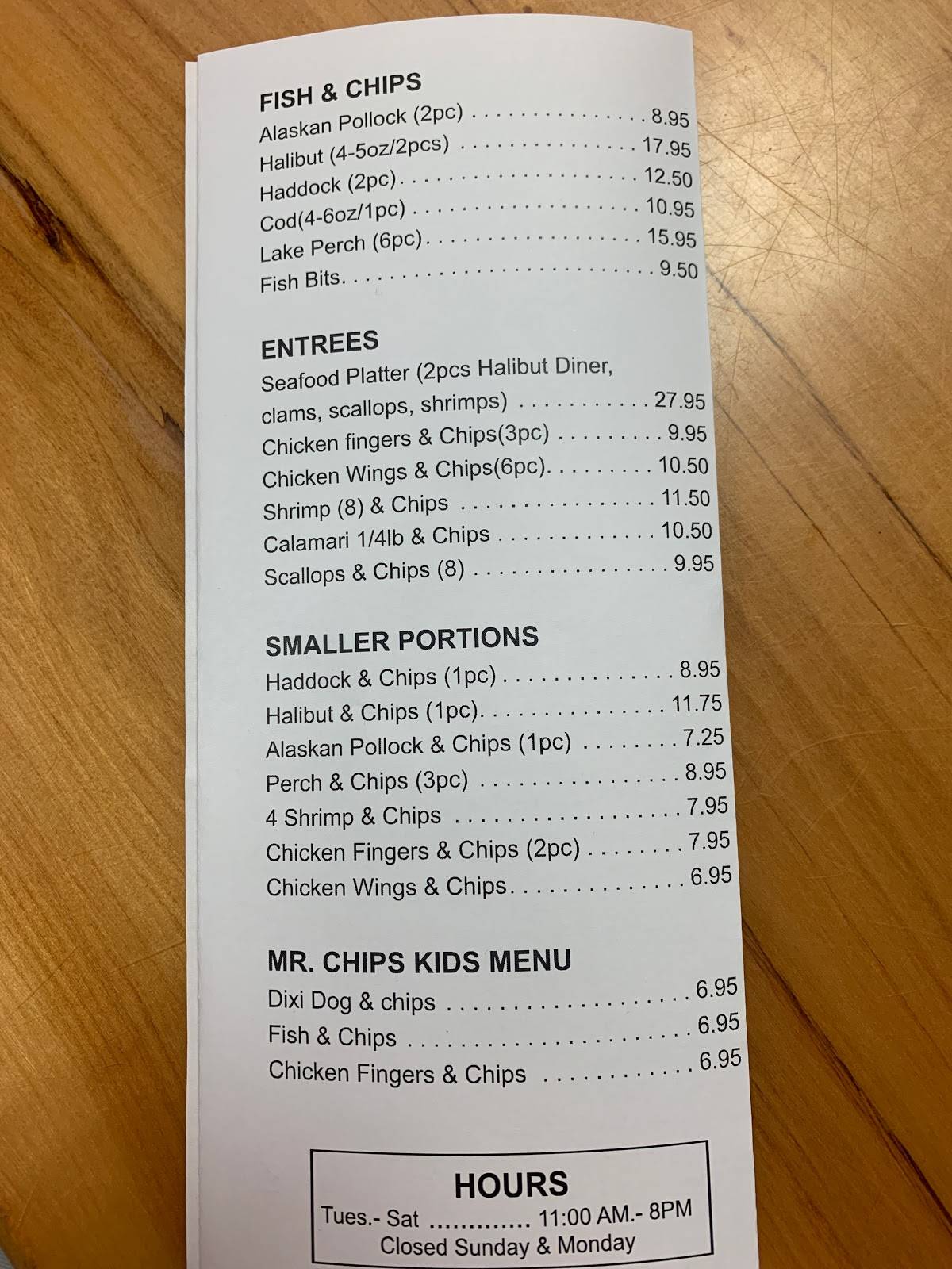 Menu at Mr Chips Fish Diner restaurant, Brantford