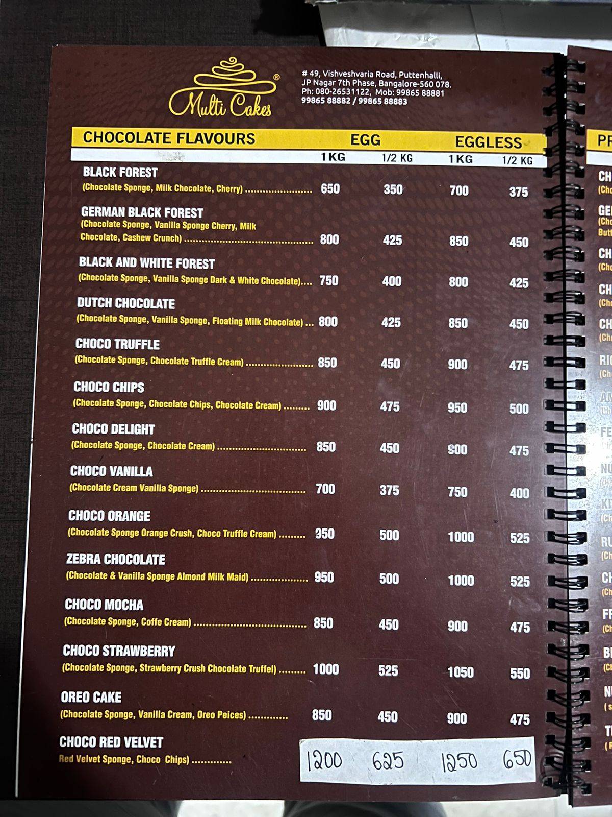 Multi Cakes menu