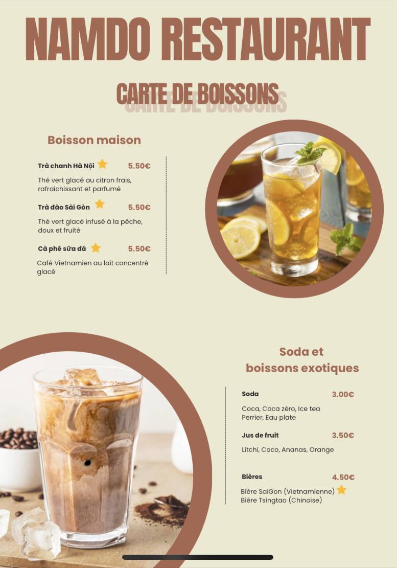 Menu de Namdo Bobun Pho du Vietnam