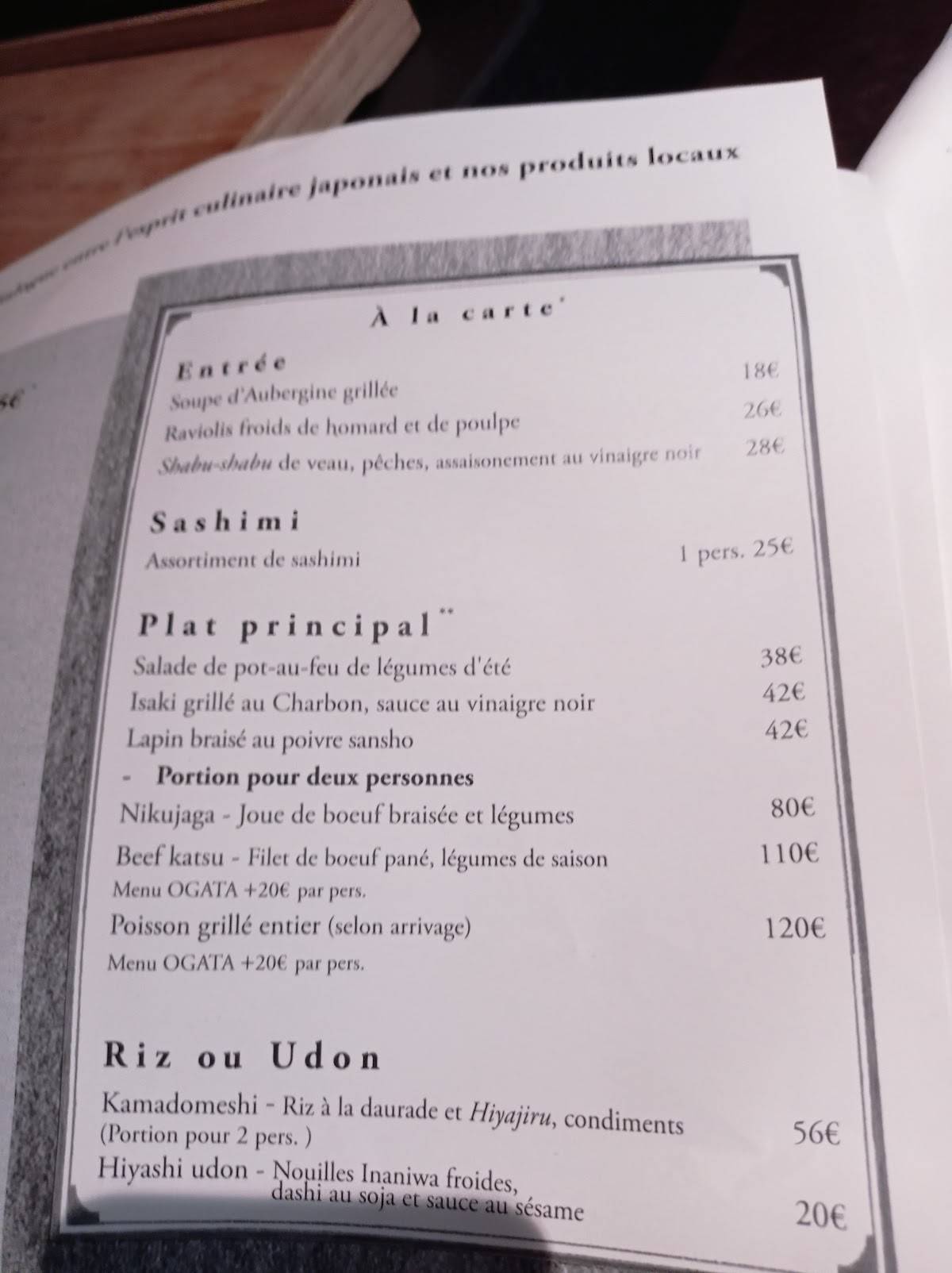 Menu de OGATA Paris