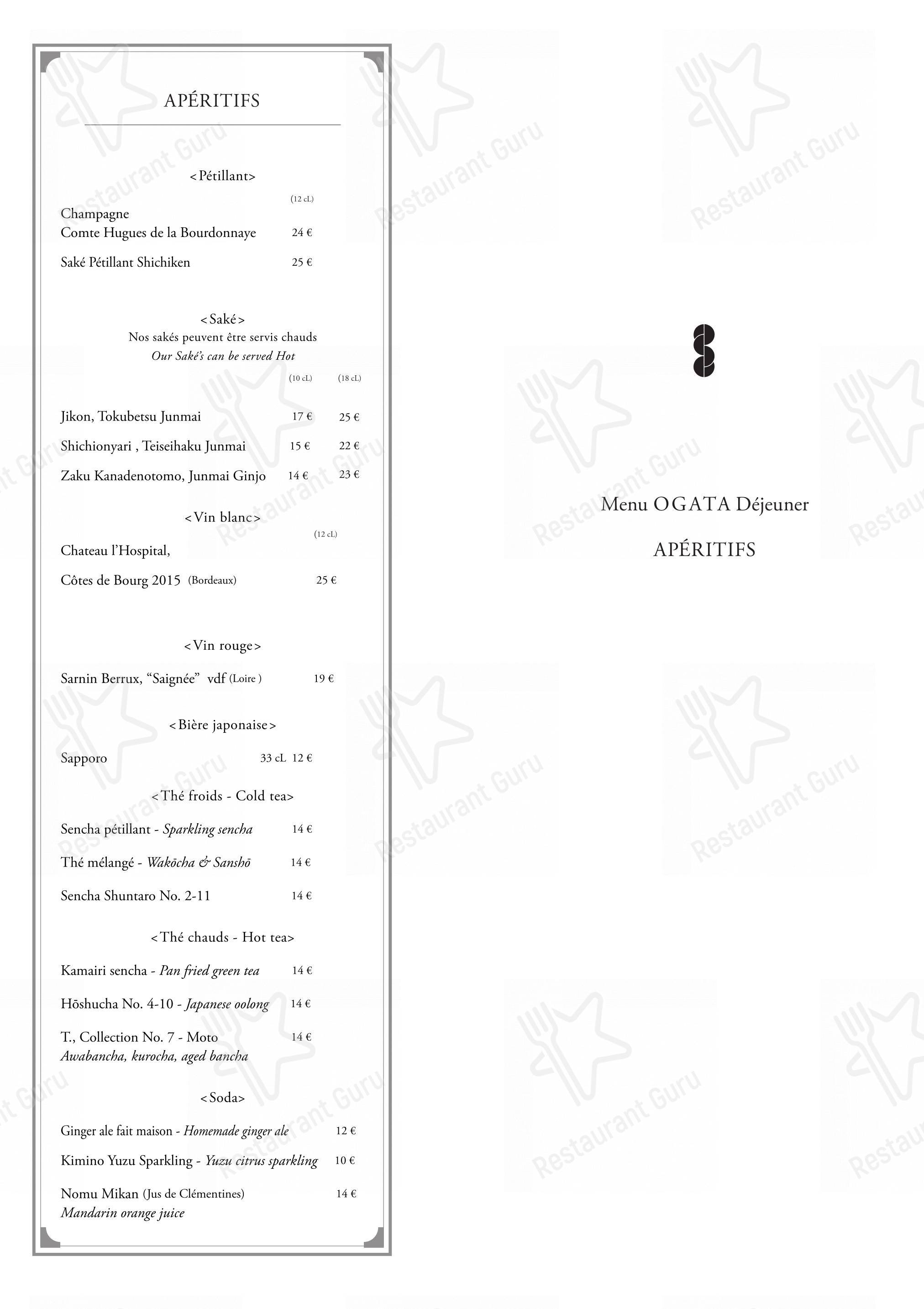 Menu pour OGATA Paris dans Paris