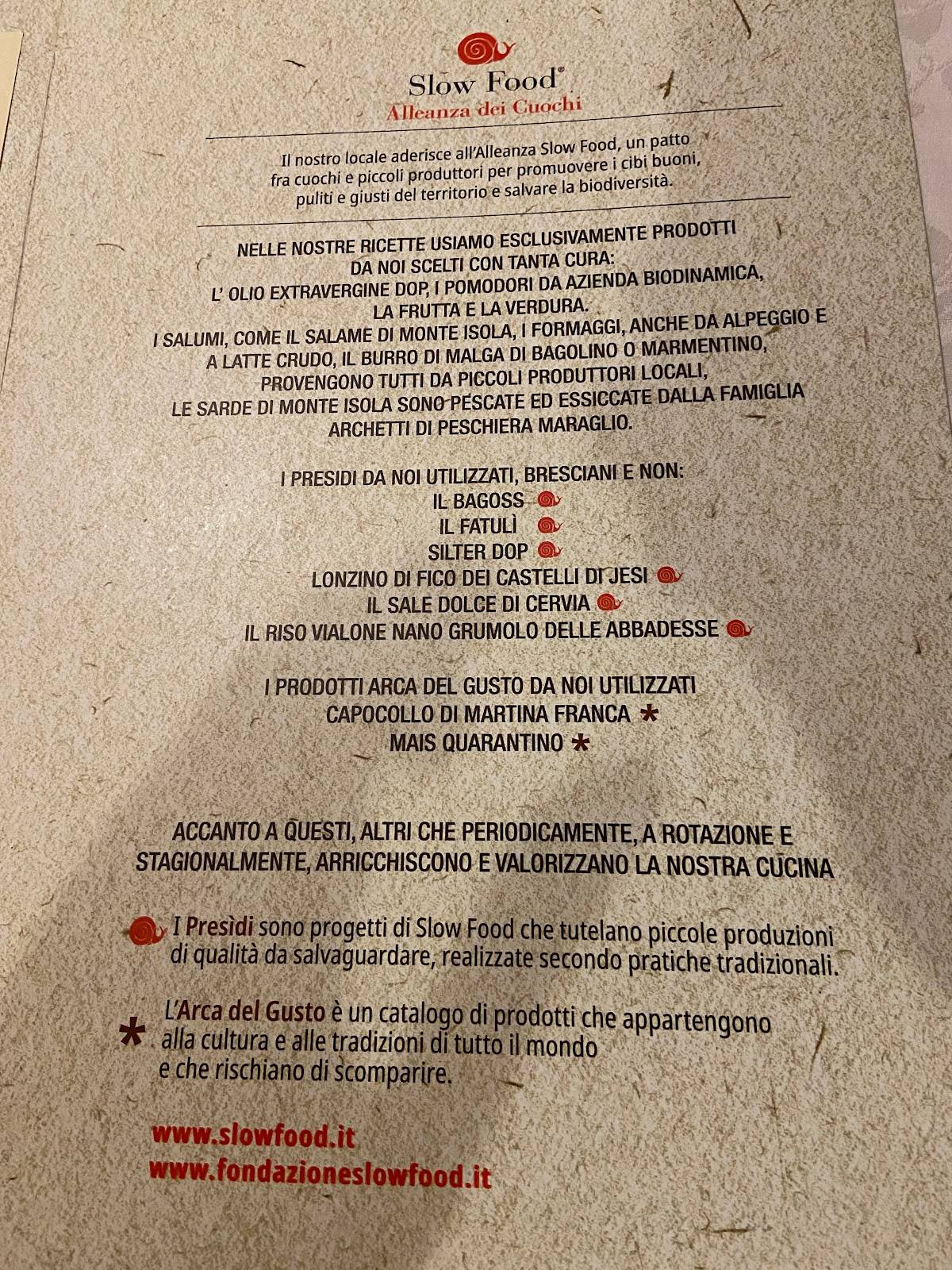 Menu di Osteria Dell'Angelo Locale Storico in Franciacorta 
